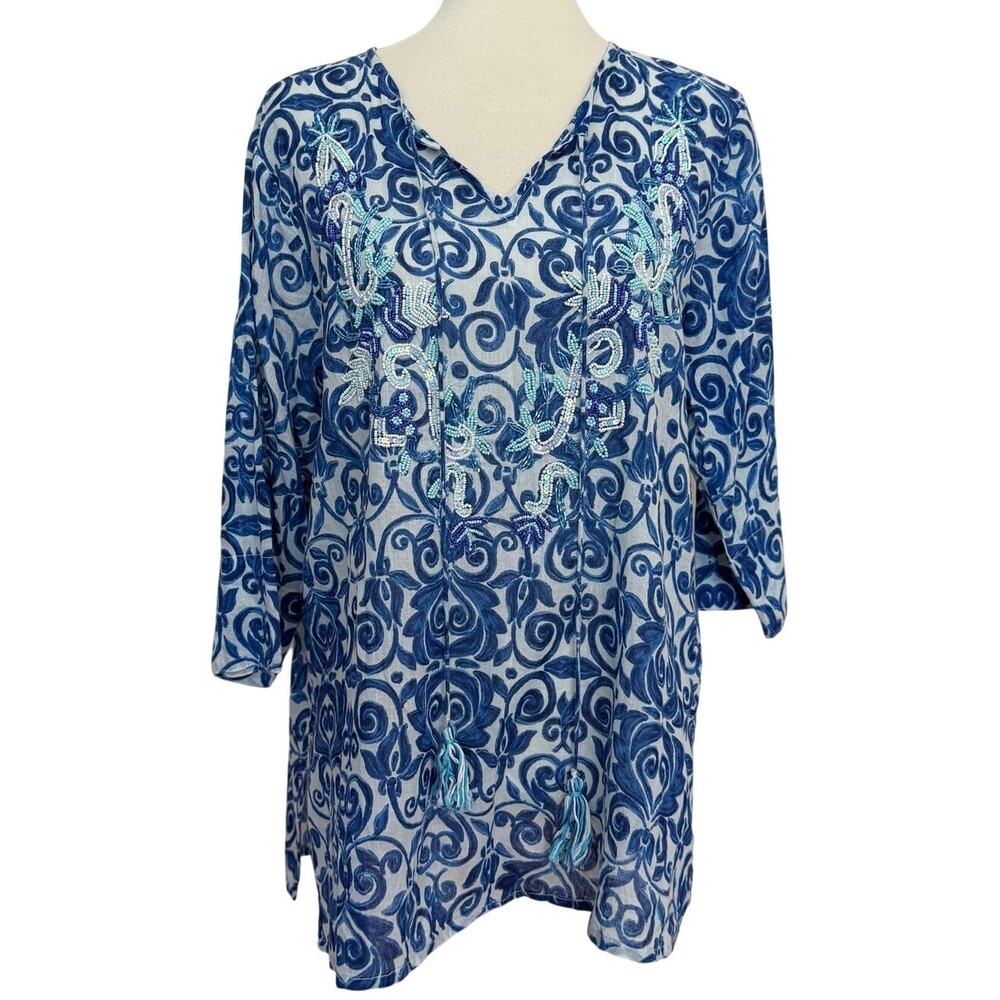 Antica Sartoria Beaded Tunic - Blue Print - Large